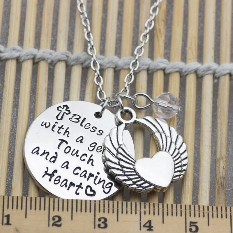 Bless Me with a Gentle Touch & Caring Heart~Nurses Prayer Necklace w/Cross/Heart 